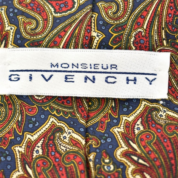 GIVENCHY: Navy Blue/Red Paisley & Logo Silk Tie mp - Picture 5 of 7